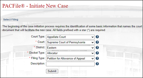 The Select Filing screen in the Initiate New Case wizard.